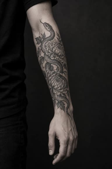Illustrative snake and chrysanthemum tattoo portfolio
